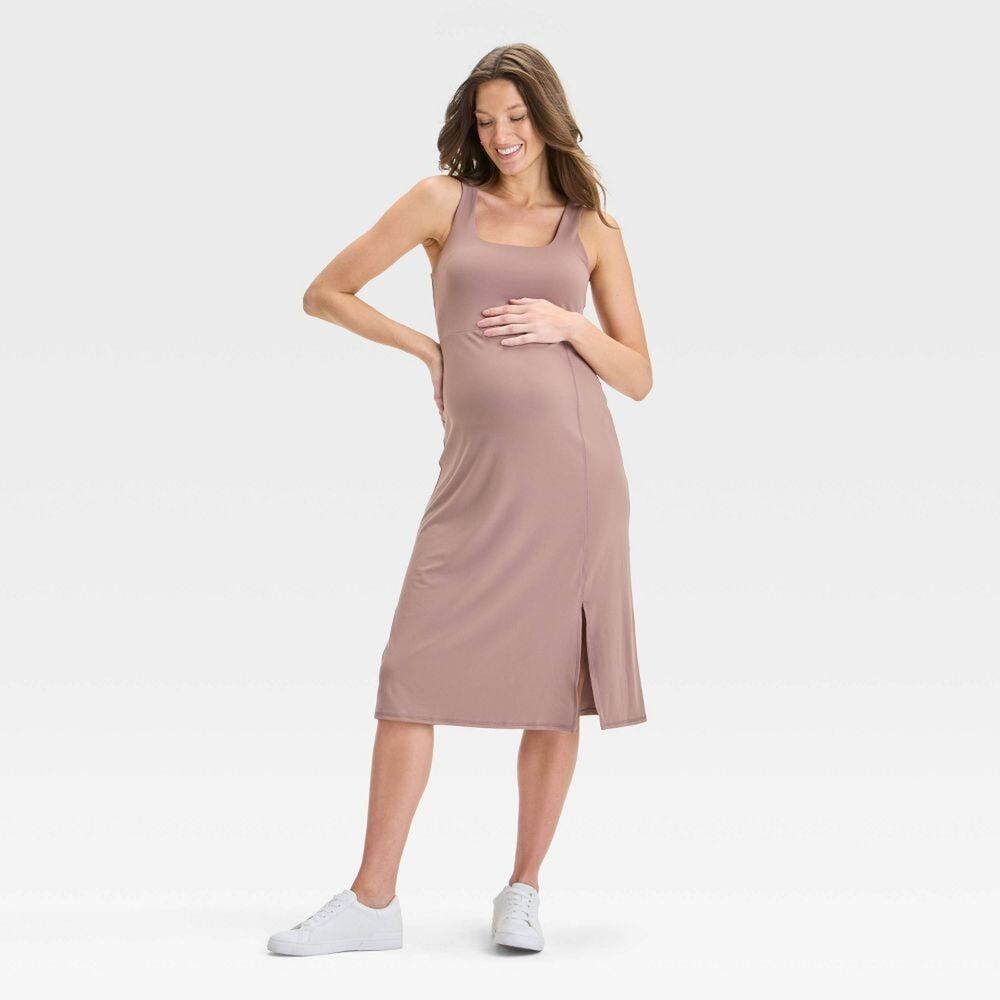 Isabel Maternity Slit Active Midi Dress Taupe Large NWT